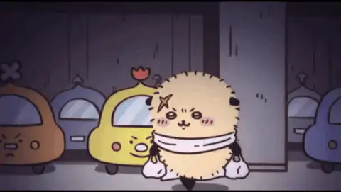 《吉伊卡哇》的海獺師傅雙手各提一袋東西，從一排有臉的小車前走過，畫面反覆切換。