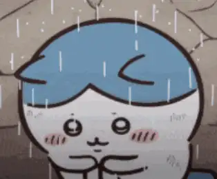 小八在雨中雙手交握，貓耳被雨淋得塌平成圓頭，隨後又彈起，反覆數次。出自《吉伊卡哇》。