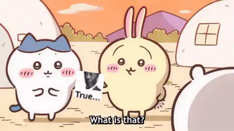 烏薩奇拿出一張「True...」迷因圖給小八看，自己瞄了一眼就隨手扔到地上，最後大家一起低頭盯著地上那張圖。出自《吉伊卡哇》。